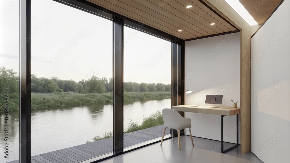 Poster A peaceful home office with a large glass wall that overlooks a tranquil river the minimalist desk and chair positioned to capture the calming view while maintaining a clutterfree