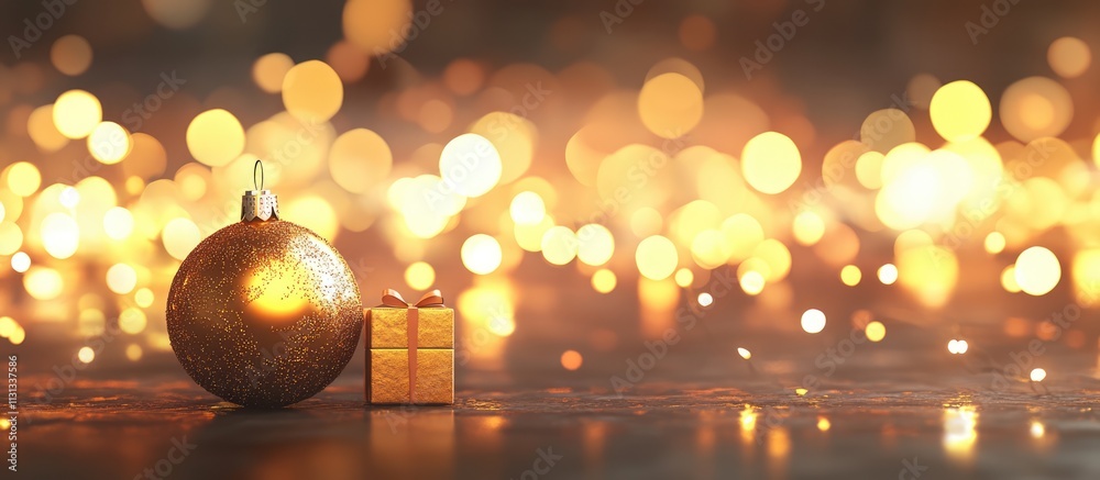 Aufkleber golden christmas ornament and gift boxes on a blurred bokeh lights background creating a festive and