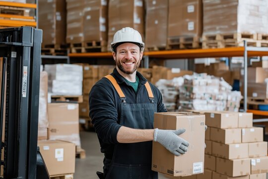 Happy caucasian warehouse worker with boxes. Logistics, storage concept. Suitable for Labor Day, career, business, industry, workplace safety promotions with copy space.