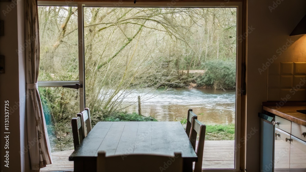 Poster A dining area with a rustic wooden table surrounded by simple dining chairs and a wide window that opens to the sounds of the babbling brook creating a connection between meals and