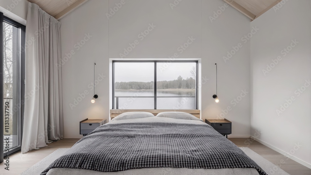 Aufkleber a cozy bedroom showcasing a low wooden bed frame covered with a textured woven blanket minimalistic 