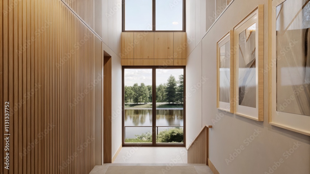 Poster a spacious hallway adorned with minimalist wall art smooth wooden wall panels and a large window all