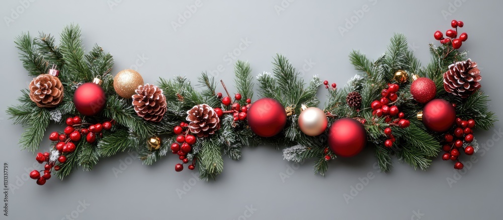 Poster Festive Christmas decor with red ornaments pine cones and greenery on gray backdrop Aerial view flat lay with empty space for greetings
