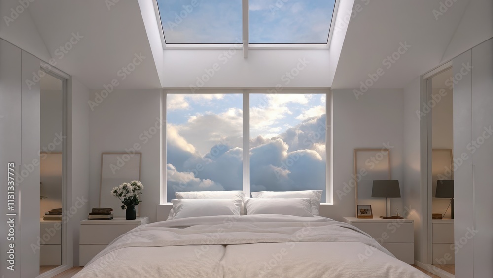 Aufkleber A serene bedroom featuring a large bed with crisp white linens minimalist decor and a skylight. Fluffy clouds float lazily overhead filling the room with a soft diffused light.