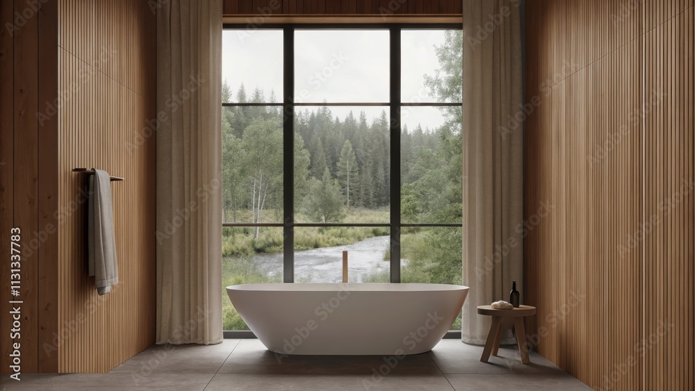Poster  a freestanding tub positioned under a large window with a view of the stream complemented by warm wood accents and soft neutral tiles.