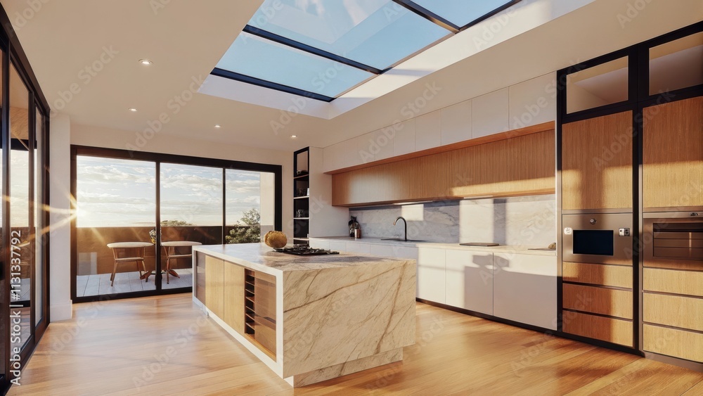 Poster An airy kitchen adorned with bright white cabinetry where natural light streams in through skylights casting playful shadows on a marble island while an open view reveals a bright