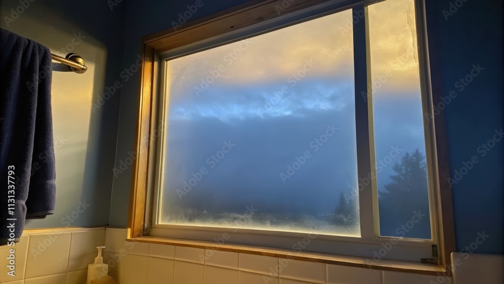 Poster A cozy bathroom accented with a tall frosted window allowing diffused light to create a calm ambiance as the view displays soft clouds drifting lazily across a serene morning sky.