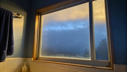 A cozy bathroom accented with a tall frosted window allowing diffused light to create a calm ambiance as the view displays soft clouds drifting lazily across a serene morning sky.