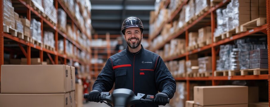 Happy caucasian warehouse worker with boxes. Logistics, storage concept. Suitable for Labor Day, career, business, industry, workplace safety promotions with copy space.