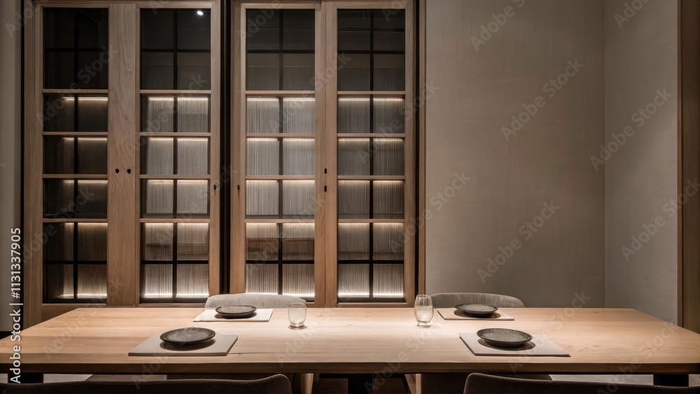 Poster a modern dining area showcasing a long wooden table set for two highlighted by the warm light coming