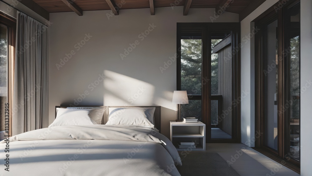 Poster a minimalist bedroom with crisp white linens and a neutralcolored duvet cover softly illuminated by 