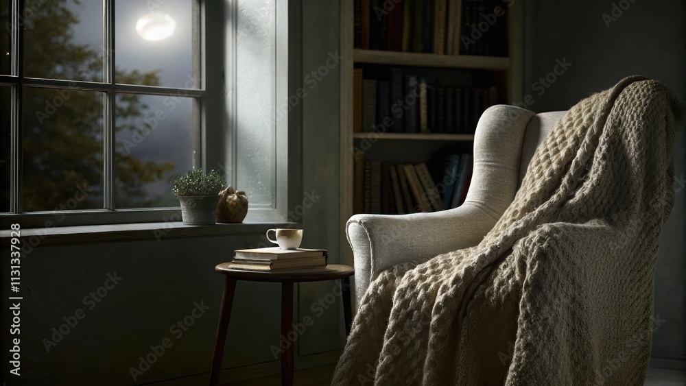 Poster An intimate reading nook with a large inviting armchair covered in a textured knit blanket softly illuminated by moonlight streaming through a nearby window creating a calm and