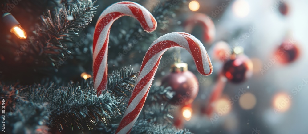 Aufkleber candy canes ornamenting a festive christmas tree with sparkling lights and colorful baubles creating