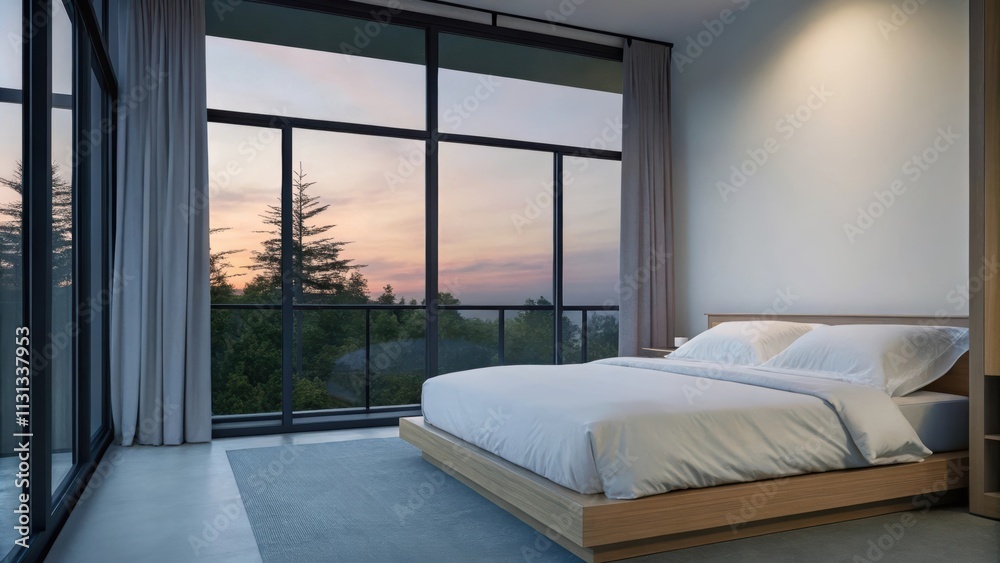 Poster A tranquil bedroom showcasing a large window that frames a breathtaking view of the sunset with light orange and pink tones spilling onto the crisp white bedding and a simple