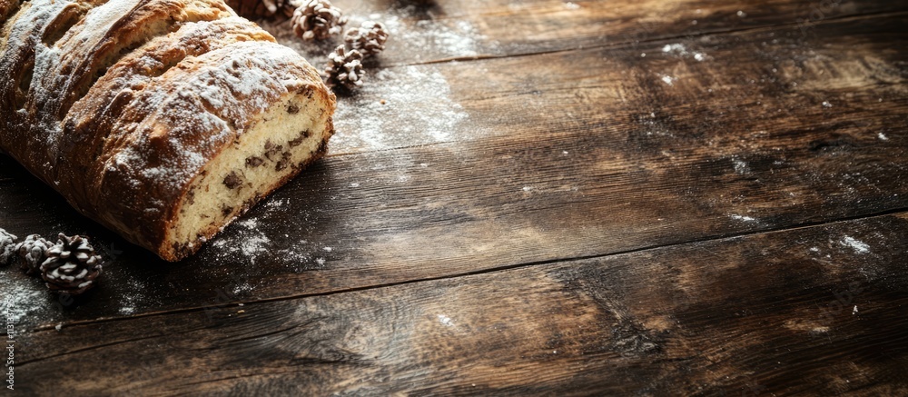 Poster traditional christmas stollen bread displayed on rustic wooden table with flour dusting and decorati