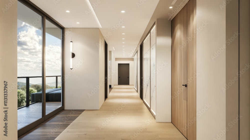 Poster A modern hallway with clean lines wooden flooring and soft lighting. A wide window showcases the gentle movement of clouds adding a touch of nature to the minimalist design.