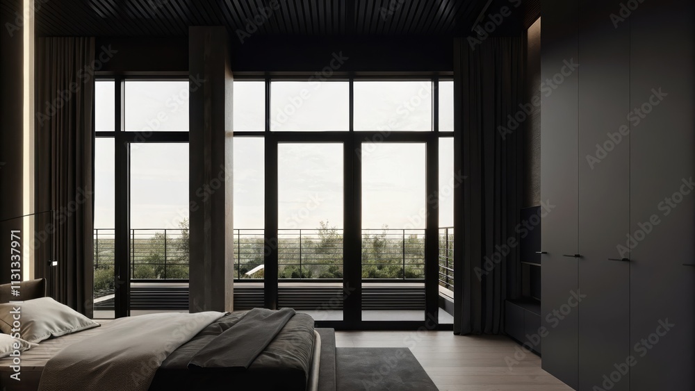 Poster A stylish bedroom featuring a lowprofile bed and soft textiles with floortoceiling windows that reveal a stunning view of landscaped gardens d over the rooftop.