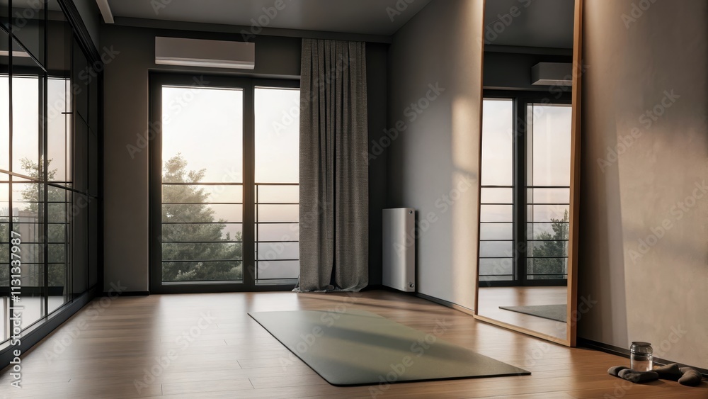 Poster a tranquil home gym with a large wall mirror reflecting the soft morning light. a yoga mat is neatly
