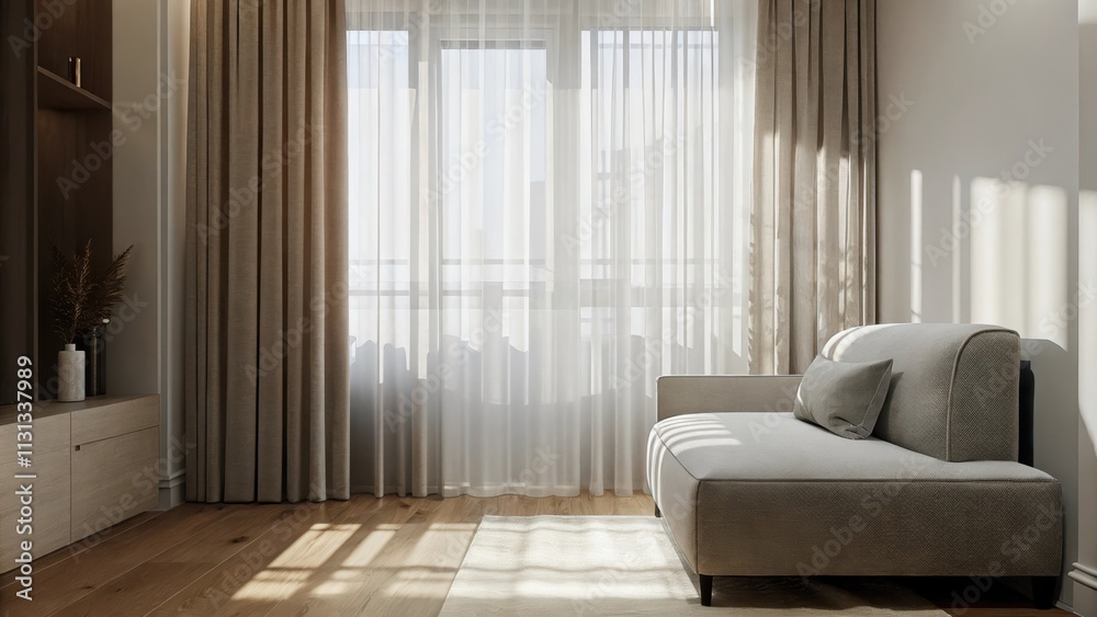Poster A tranquil living room with a sleek modern sofa upholstered in soft gray fabric where light filters through translucent curtains casting gentle shadows on the polished wood floor.