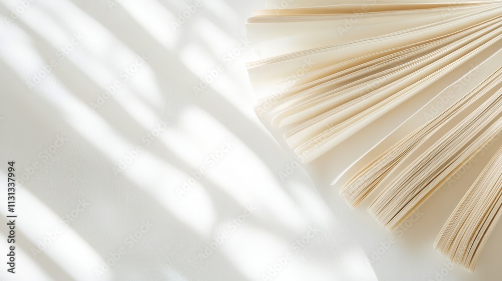 Poster hardcover books fanned open with blank pages on a white background creating elegant copy space for t