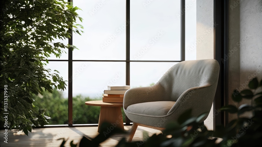 Poster A peaceful reading corner defined by a plush armchair facing a floortoceiling window. The sunlight creates a warm glow around a stacked set of colorful books on a simple wooden