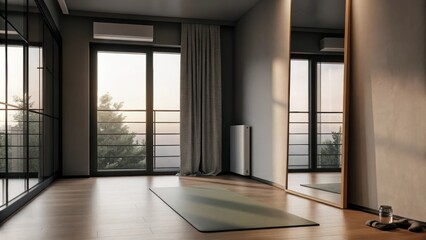 Obraz premium A tranquil home gym with a large wall mirror reflecting the soft morning light. A yoga mat is neatly p on a polished wood floor complemented by a single water bottle resting