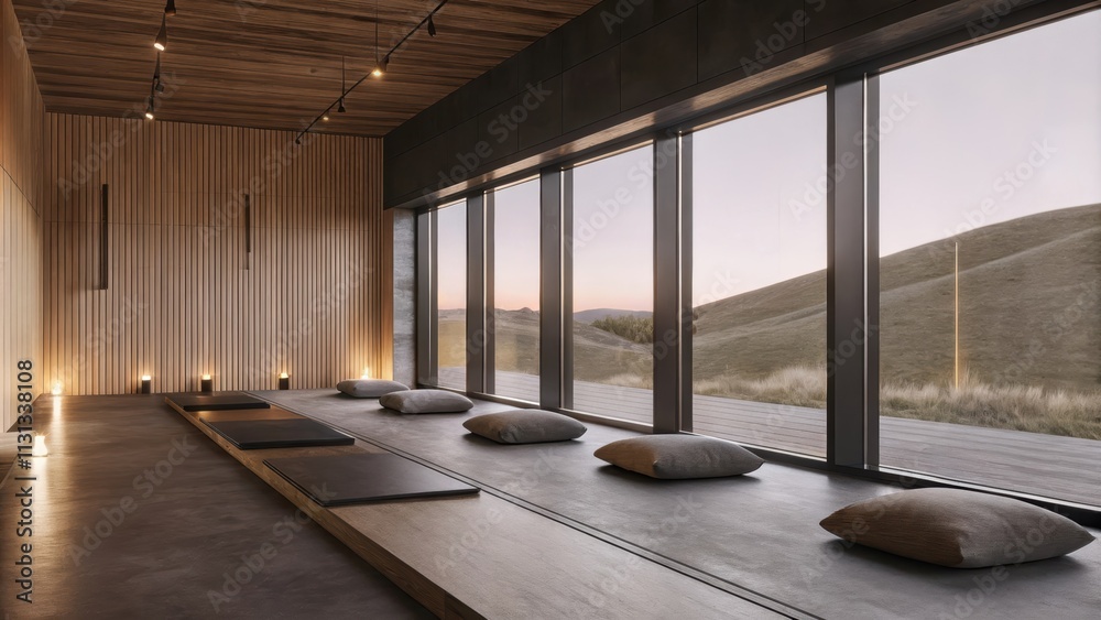 Poster A quiet meditation space adorned with a simple wooden platform and soft cushions. Large windows invite the outside in with views of gently sloping hills inspiring calm and