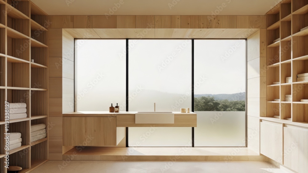Aufkleber A minimalist bathroom with wooden accents around the sink and rustic shelving. A large frosted glass window allows soft light in while framing the serene hills outside creating a