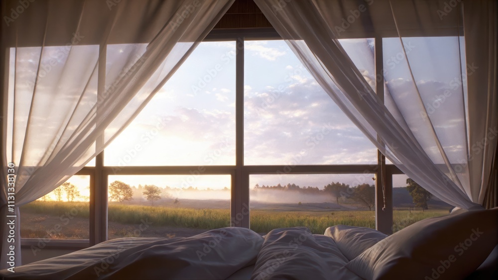 Poster A serene bedroom features soft linens and a canopy bed with large windows revealing a stunning panorama of fields under an expansive sky complemented by the gentle hues of sunrise.