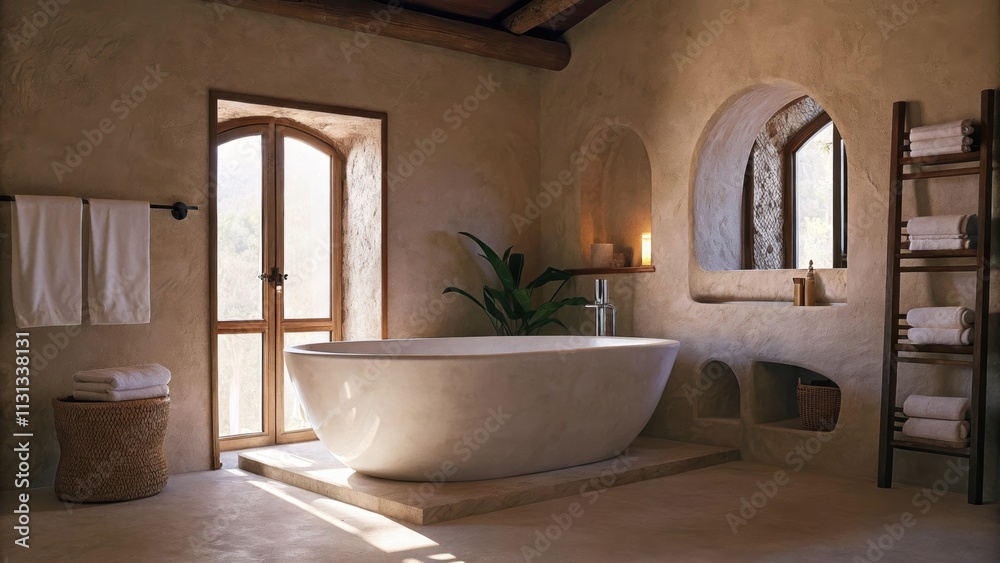 Poster a peaceful bathroom with a freestanding tub surrounded by soft white towels and natural stone accent