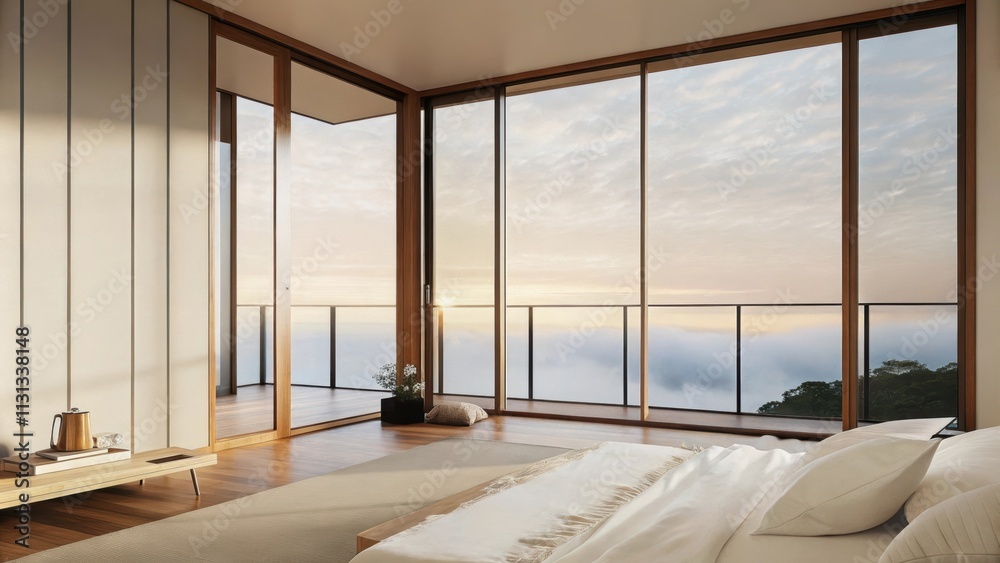 Aufkleber An airy bedroom featuring floortoceiling windows adorned with soft linens and minimalist decor offering a stunning view of drifting clouds and changing colors of the dawn sky.