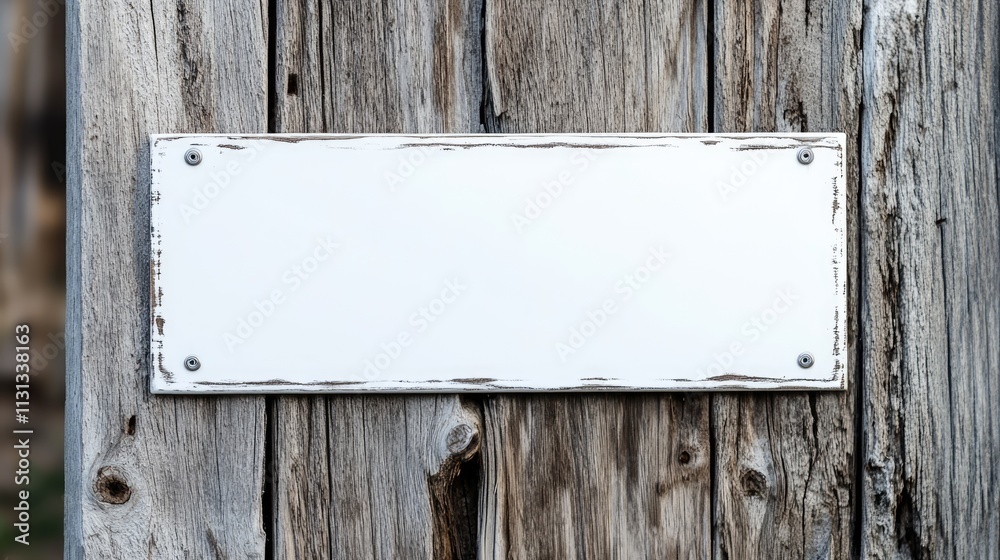 Poster blank white metal sign on weathered wooden background for customizable text display horizontal banne