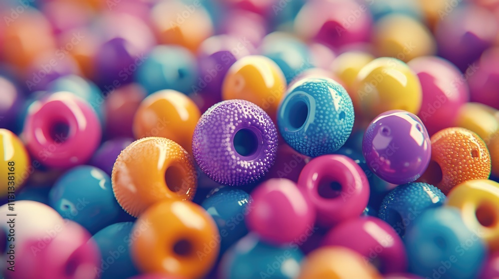 Poster Colorful assortment of glossy beads in various shapes and sizes creating a vibrant texture background for crafts and design projects.