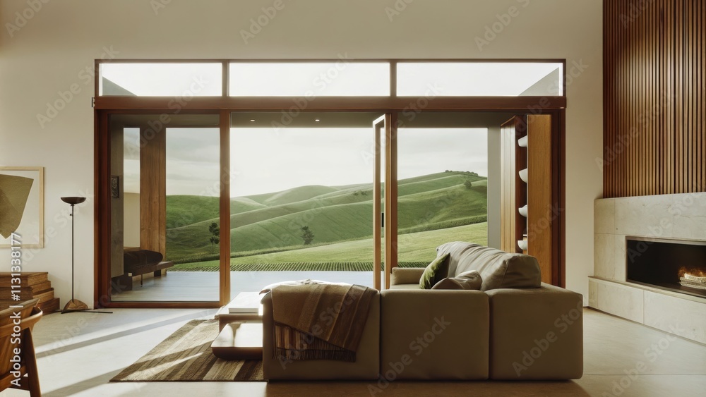 Poster an openconcept living area combining a comfortable sofa and a modern fireplace enhanced by a stunnin
