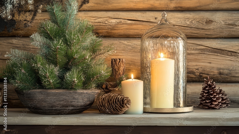 Aufkleber rustic christmas decorations featuring candles and a small tree on a wooden background creating a co