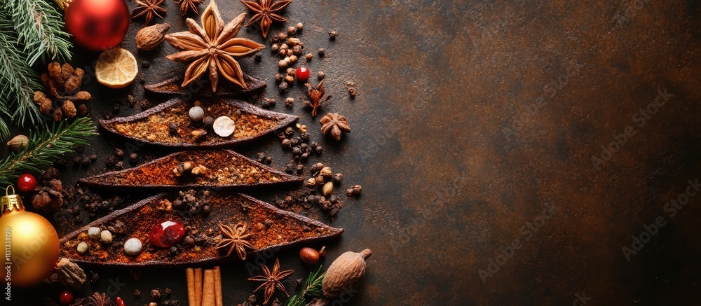 Poster festive arrangement of spices shaped like a christmas tree on a rustic background