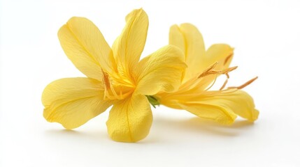 Obraz premium Yellow flower closeup against white background showcasing delicate petals and vibrant color ideal for nature and floral design concepts