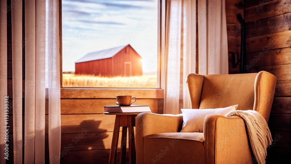 Poster An inviting reading nook with a plush armchair and a small side table offers a perfect view of a distant red barn while sunlight filters through white curtains on the rustic wooden