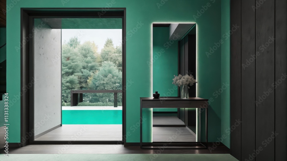 Poster An understated entryway featuring a sleek console table with a single vase of riverflowers. A large mirror reflects the outdoor greenery enhancing the minimalist aesthetic.