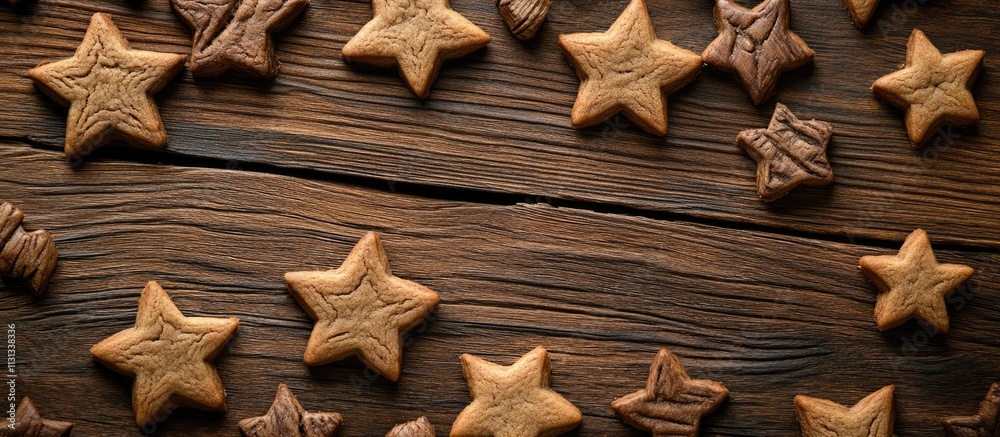 Poster Handmade star-shaped cookies arranged on a rustic wooden background showcasing texture and warmth perfect for festive or culinary themes