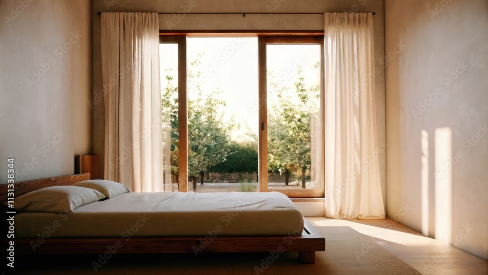 Poster a calm bedroom featuring a simple wooden bed frame and minimalist dã©cor. the large window showcases