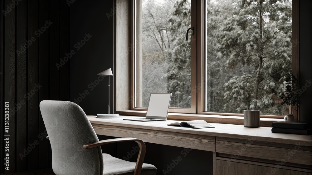 Poster a dedicated workspace with a light oak desk and an ergonomic chair positioned near a large window. o