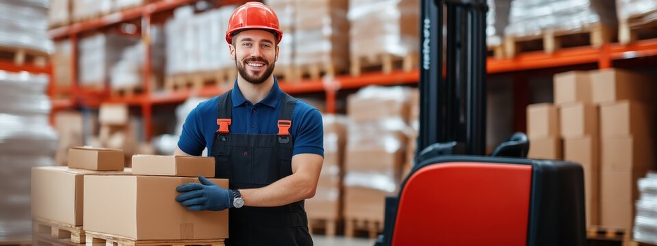 Happy caucasian warehouse worker with boxes. Logistics, storage concept. Suitable for Labor Day, career, business, industry, workplace safety promotions with copy space. - Powered by Adobe