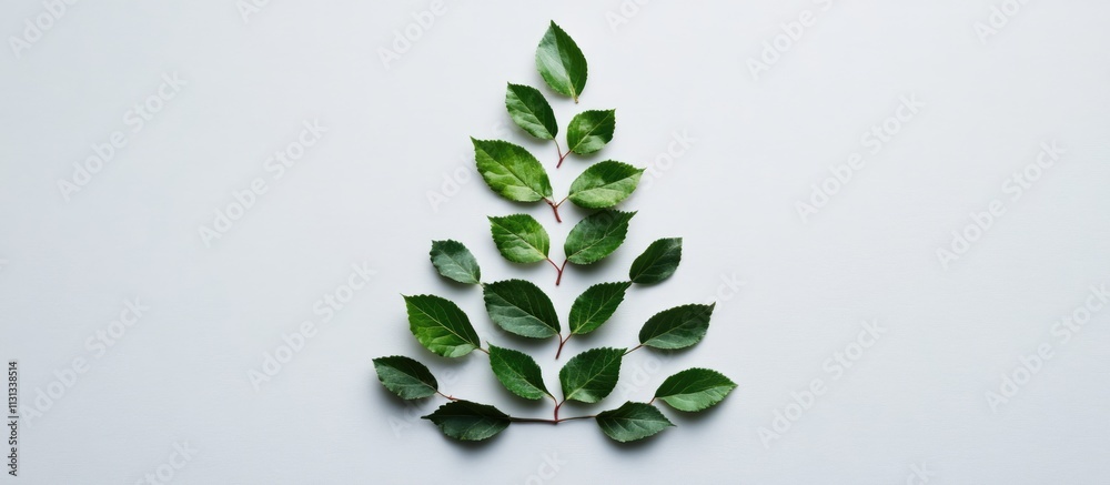 Aufkleber Minimalist Christmas tree design created from green leaves and branches arranged in a flat lay style on a light background.