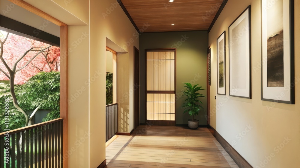 Poster a bright airy hallway with neutral walls and wooden flooring where light pours in from a window show