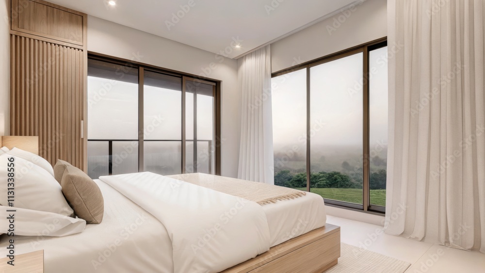 Poster An airy bedroom with a platform bed dressed in crisp white linens and light taupe accents. The large window frames a view of misty fields while a delicate curtain gently sways in