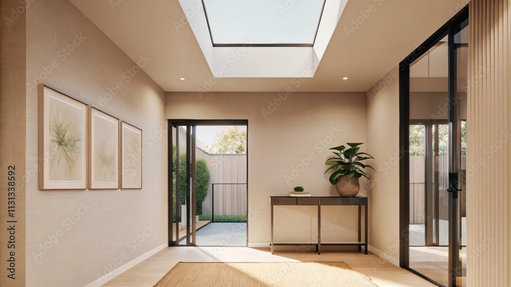 Poster An airy entryway filled with natural light from a skylight above. A slim console table holds a potted s plant and the walls are adorned with subtle botanical prints while a soft