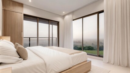Fototapeta premium An airy bedroom with a platform bed dressed in crisp white linens and light taupe accents. The large window frames a view of misty fields while a delicate curtain gently sways in