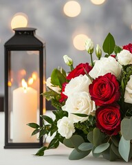 Obraz premium A stunning bouquet of red and white roses beside a lit candle, creating a romantic ambiance.