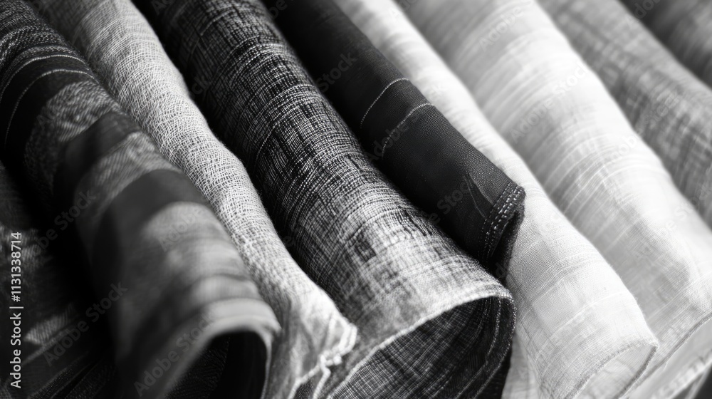Poster Textured Black and White Fabric Samples Showcasing Various Patterns and Styles for Fashion and Design Use